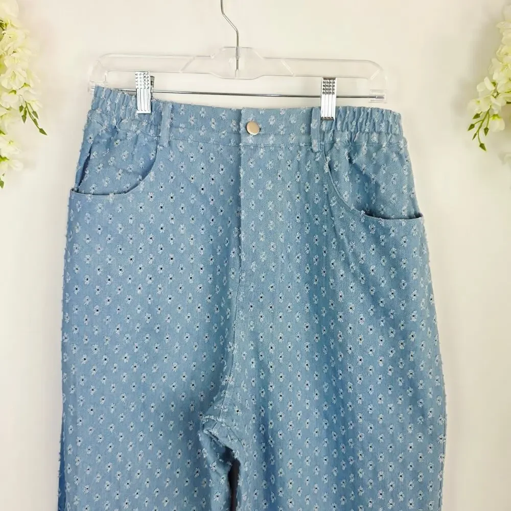 New Petal Dew Mom Jeans Size Large Distressed Eyelet Opening Straight Leg Boho